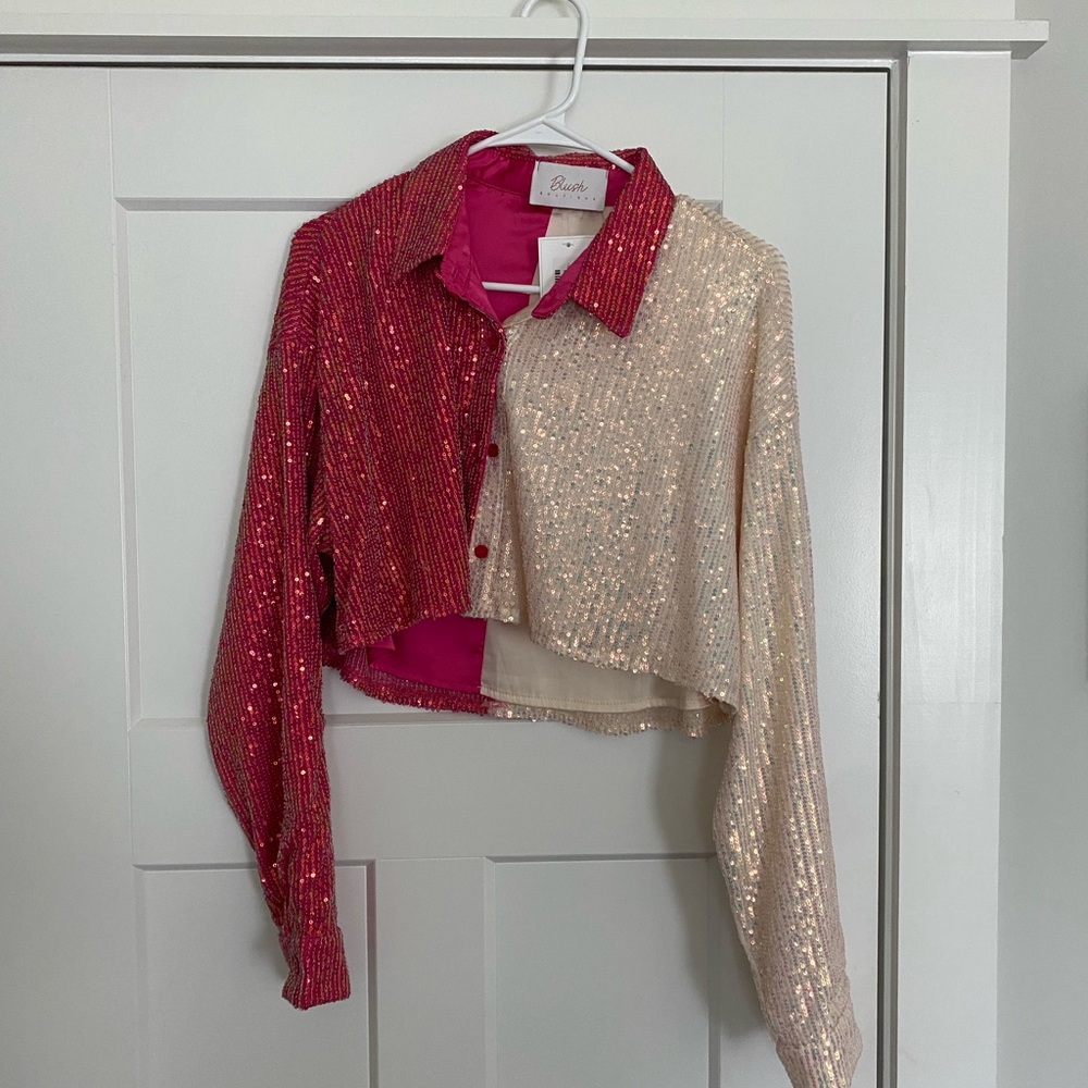 Blush Boutique Sequin Button up Top in Pink and Cream - Picture 3 of 7